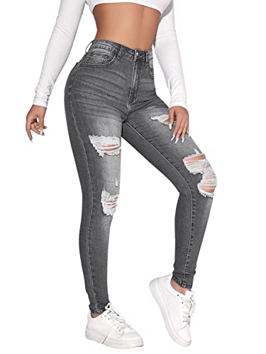 SweatyRocks Women's Casual High Rise Ripped Jeans Zipper Fly Skinny Denim Pants Grey M