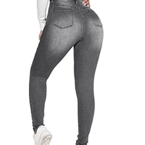 SweatyRocks Women's Casual High Rise Ripped Jeans Zipper Fly Skinny Denim Pants Grey M