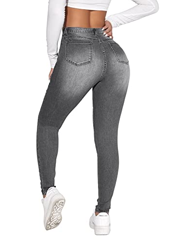 SweatyRocks Women's Casual High Rise Ripped Jeans Zipper Fly Skinny Denim Pants Grey M