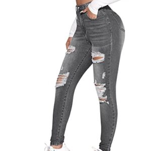 SweatyRocks Women's Casual High Rise Ripped Jeans Zipper Fly Skinny Denim Pants Grey M