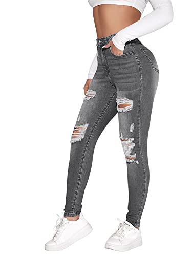 SweatyRocks Women's Casual High Rise Ripped Jeans Zipper Fly Skinny Denim Pants Grey M