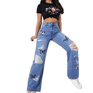 SweatyRocks Women's Ripped Straight Leg Jeans High Waist Distressed Cutout Denim Pants Blue Butterfly S