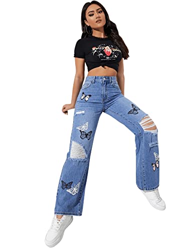 SweatyRocks Women's Ripped Straight Leg Jeans High Waist Distressed Cutout Denim Pants Blue Butterfly S