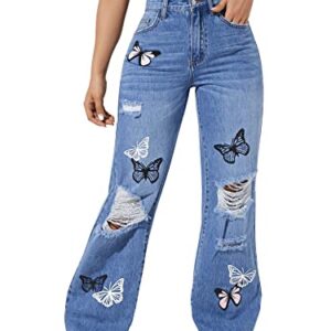 SweatyRocks Women's Ripped Straight Leg Jeans High Waist Distressed Cutout Denim Pants Blue Butterfly S