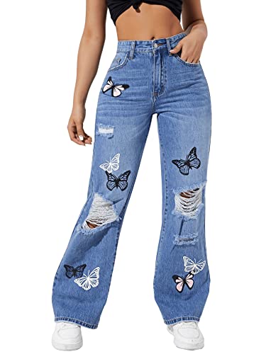 SweatyRocks Women's Ripped Straight Leg Jeans High Waist Distressed Cutout Denim Pants Blue Butterfly S