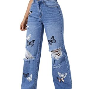 SweatyRocks Women's Ripped Straight Leg Jeans High Waist Distressed Cutout Denim Pants Blue Butterfly S
