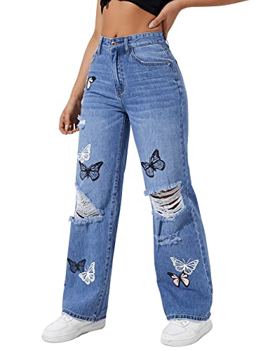 SweatyRocks Women's Ripped Straight Leg Jeans High Waist Distressed Cutout Denim Pants Blue Butterfly S