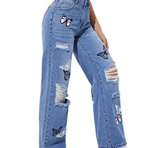 SweatyRocks Women's Ripped Straight Leg Jeans High Waist Distressed Cutout Denim Pants Blue Butterfly S