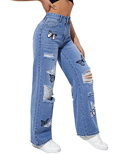 SweatyRocks Women's Ripped Straight Leg Jeans High Waist Distressed Cutout Denim Pants Blue Butterfly S