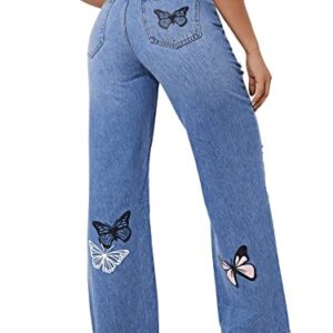 SweatyRocks Women's Ripped Straight Leg Jeans High Waist Distressed Cutout Denim Pants Blue Butterfly S