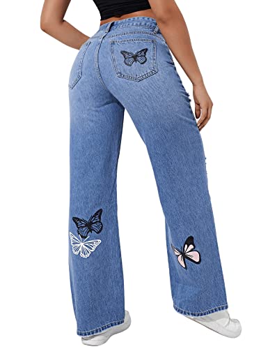 SweatyRocks Women's Ripped Straight Leg Jeans High Waist Distressed Cutout Denim Pants Blue Butterfly S