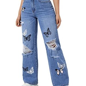 SweatyRocks Women's Ripped Straight Leg Jeans High Waist Distressed Cutout Denim Pants Blue Butterfly S