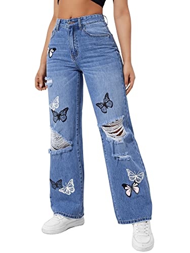 SweatyRocks Women's Ripped Straight Leg Jeans High Waist Distressed Cutout Denim Pants Blue Butterfly S