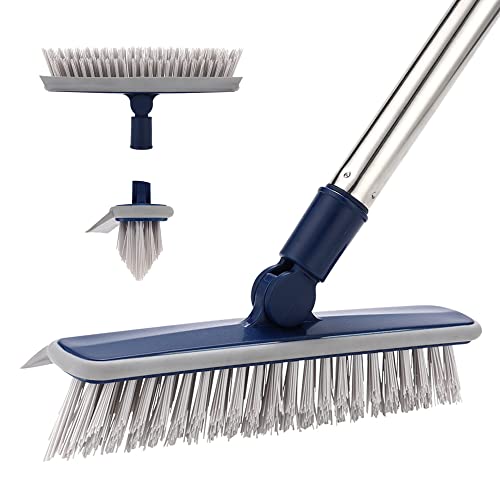 2 in 1 Swivel Grout Brush with 57.8" Long Handle,120°Rotatable Floor Scrub Brush,Shower Grout Scrubber for Tile Floors Kitchen Bathroom,Crevice Squeegee V-Shaped Corner Brush for Hard to Reach Areas