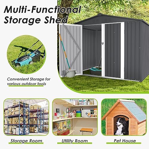 Incbruce 8x6 Ft Outdoor Storage Shed Double Sloping Roof Garden Shed, Galvanized Metal Storage Shed with Sliding Door, Metal Shed Kit with Double Doorknobs and Air Vents (Grey)