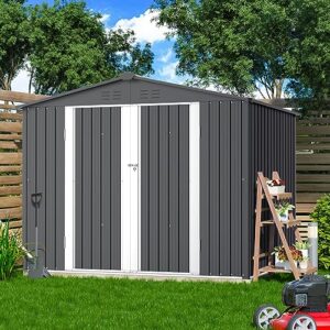 Incbruce 8x6 Ft Outdoor Storage Shed Double Sloping Roof Garden Shed, Galvanized Metal Storage Shed with Sliding Door, Metal Shed Kit with Double Doorknobs and Air Vents (Grey)