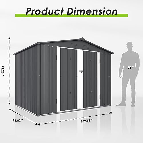 Incbruce 8x6 Ft Outdoor Storage Shed Double Sloping Roof Garden Shed, Galvanized Metal Storage Shed with Sliding Door, Metal Shed Kit with Double Doorknobs and Air Vents (Grey)