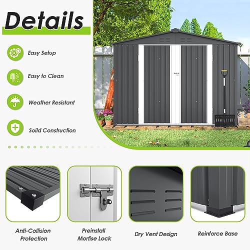 Incbruce 8x6 Ft Outdoor Storage Shed Double Sloping Roof Garden Shed, Galvanized Metal Storage Shed with Sliding Door, Metal Shed Kit with Double Doorknobs and Air Vents (Grey)