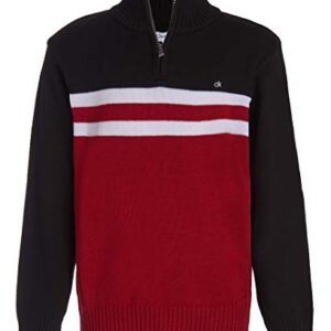 Calvin Klein Boys' Half Zip Pullover Sweater, Ribbed Neckline & Logo Detailing, Red/Black, 14-16 Husky