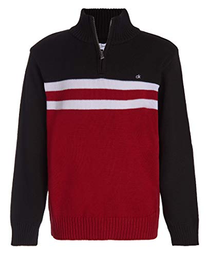 Calvin Klein Boys' Half Zip Pullover Sweater, Ribbed Neckline & Logo Detailing, Red/Black, 14-16 Husky