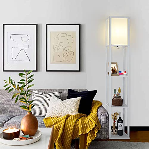 FOLKSMATE Touch Control Shelf Floor Lamp, Modern Dimmable LED Standing Lamps with Shelves, 2 Fast Charging USB Ports and Power Outlet, Wood Tall Light for Living Room, Bedroom, Bedside，White