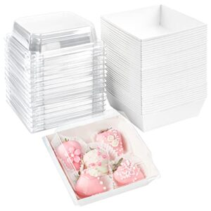 ocmoiy 50pk paper charcuterie boxes with clear secure lids, 4" square disposable to-go dessert containers white bakery boxes for strawberries, cookies, cake slice, brownies and cinnamon rolls