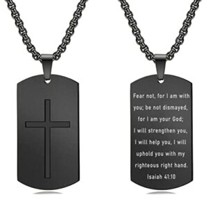 rnivida men's black cross tag pendant necklace, stainless steel inspirational bible verse necklace for men boys (isaiah 41:10 - black)