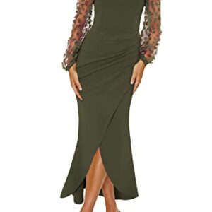 BTFBM Women Elegant Off Shoulder Dresses Sheer Long Sleeve Mesh Ruched Wrap Split Bodycon Maxi Cocktail Wedding Guest Dress(Solid Army Green, Large)