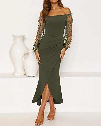 BTFBM Women Elegant Off Shoulder Dresses Sheer Long Sleeve Mesh Ruched Wrap Split Bodycon Maxi Cocktail Wedding Guest Dress(Solid Army Green, Large)