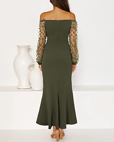 BTFBM Women Elegant Off Shoulder Dresses Sheer Long Sleeve Mesh Ruched Wrap Split Bodycon Maxi Cocktail Wedding Guest Dress(Solid Army Green, Large)