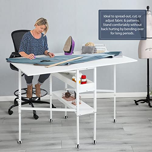MELLCOM Height Adjustable Craft Table with Storage Shelves, Mobile Folding Cutting Table for Large Fabric, Foldable Table for Home Office Sewing Room Craft Room