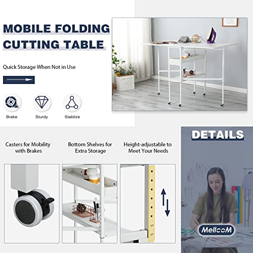 MELLCOM Height Adjustable Craft Table with Storage Shelves, Mobile Folding Cutting Table for Large Fabric, Foldable Table for Home Office Sewing Room Craft Room