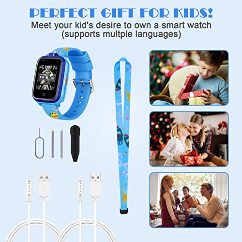 4G GPS Watches for Kids, Smart Watches Children's Mini Cell Phone with Dual Camera, Calling, SOS, Life Water Resistant 2-Style Cartoon Straps for 3-12 Years Boys Girls Birthday Xmas Gifts (Blue)