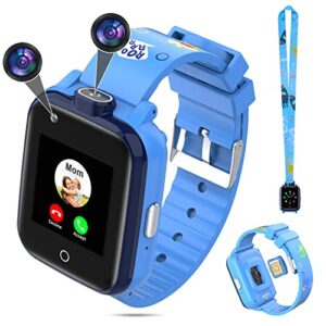 4g gps watches for kids, smart watches children's mini cell phone with dual camera, calling, sos, life water resistant 2-style cartoon straps for 3-12 years boys girls birthday xmas gifts (blue)