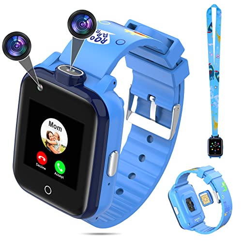 4G GPS Watches for Kids, Smart Watches Children's Mini Cell Phone with Dual Camera, Calling, SOS, Life Water Resistant 2-Style Cartoon Straps for 3-12 Years Boys Girls Birthday Xmas Gifts (Blue)