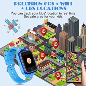 4G GPS Watches for Kids, Smart Watches Children's Mini Cell Phone with Dual Camera, Calling, SOS, Life Water Resistant 2-Style Cartoon Straps for 3-12 Years Boys Girls Birthday Xmas Gifts (Blue)