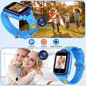 4G GPS Watches for Kids, Smart Watches Children's Mini Cell Phone with Dual Camera, Calling, SOS, Life Water Resistant 2-Style Cartoon Straps for 3-12 Years Boys Girls Birthday Xmas Gifts (Blue)