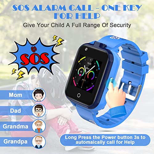 4G GPS Watches for Kids, Smart Watches Children's Mini Cell Phone with Dual Camera, Calling, SOS, Life Water Resistant 2-Style Cartoon Straps for 3-12 Years Boys Girls Birthday Xmas Gifts (Blue)