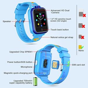 4G GPS Watches for Kids, Smart Watches Children's Mini Cell Phone with Dual Camera, Calling, SOS, Life Water Resistant 2-Style Cartoon Straps for 3-12 Years Boys Girls Birthday Xmas Gifts (Blue)