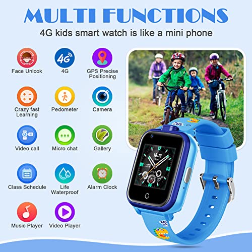 4G GPS Watches for Kids, Smart Watches Children's Mini Cell Phone with Dual Camera, Calling, SOS, Life Water Resistant 2-Style Cartoon Straps for 3-12 Years Boys Girls Birthday Xmas Gifts (Blue)