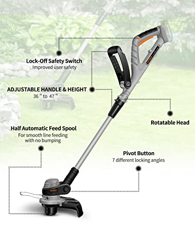 WORKSITE 20V Cordless String Trimmer/Edger, 20V 10 Inch Grass Trimmer with Auto Feed, 2 Trimmer Spool Line, 2.0Ah Battery and Charger Included, for Garden and Yard