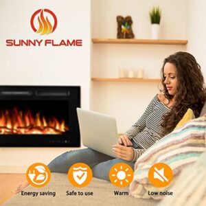 SUNNY FLAME 50" Electric Fireplace with Wi-Fi/Remote Control Wall Mounted and Recessed, Low Noise Fireplace with Timer, Touch Screen, Adjustable Flame Color and Speed, 750W/1500W, Log Set & Crystal