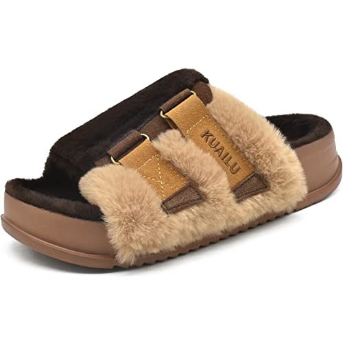 KuaiLu Womens Fuzzy Platform Open Toe Slippers with Arch Support Fluffy Furry Slides Orthotic Faux Fur Sandals Indoor Outdoor Brown Size 6