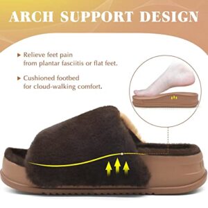 KuaiLu Womens Fuzzy Platform Open Toe Slippers with Arch Support Fluffy Furry Slides Orthotic Faux Fur Sandals Indoor Outdoor Brown Size 6