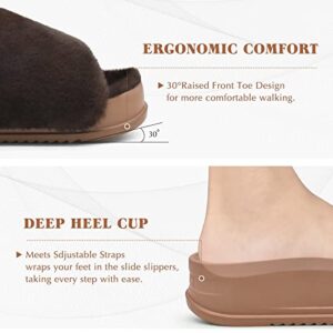 KuaiLu Womens Fuzzy Platform Open Toe Slippers with Arch Support Fluffy Furry Slides Orthotic Faux Fur Sandals Indoor Outdoor Brown Size 6