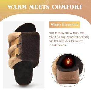 KuaiLu Womens Fuzzy Platform Open Toe Slippers with Arch Support Fluffy Furry Slides Orthotic Faux Fur Sandals Indoor Outdoor Brown Size 6