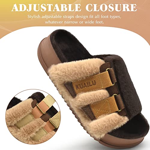 KuaiLu Womens Fuzzy Platform Open Toe Slippers with Arch Support Fluffy Furry Slides Orthotic Faux Fur Sandals Indoor Outdoor Brown Size 6