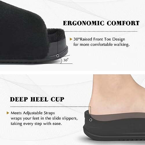 KuaiLu Womens Fuzzy Platform Open Toe Slippers with Arch Support Fluffy Furry Slides Orthotic Faux Fur Sandals adjustable house Slippers Indoor Outdoor Black Size 12