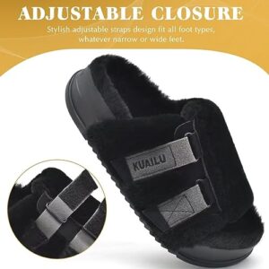 KuaiLu Womens Fuzzy Platform Open Toe Slippers with Arch Support Fluffy Furry Slides Orthotic Faux Fur Sandals adjustable house Slippers Indoor Outdoor Black Size 12