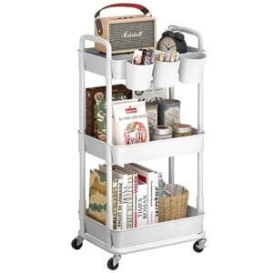jiuyotree 3-tier plastic rolling storage cart utility cart with extra hanging cups handles lockable wheels for living room bathroom kitchen office white